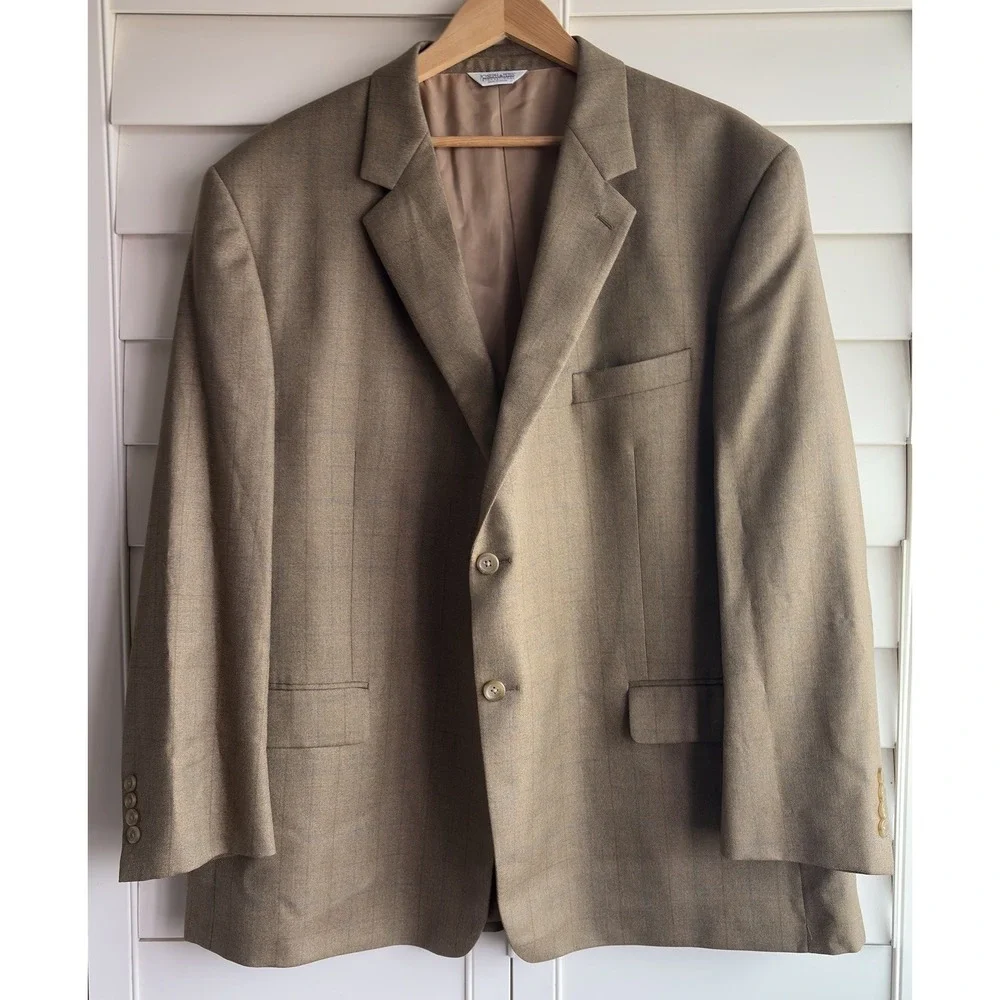 Joseph & Feiss 52R Silk Wool Sport Coat Blazer Tan Brown Windowpane 2 Button